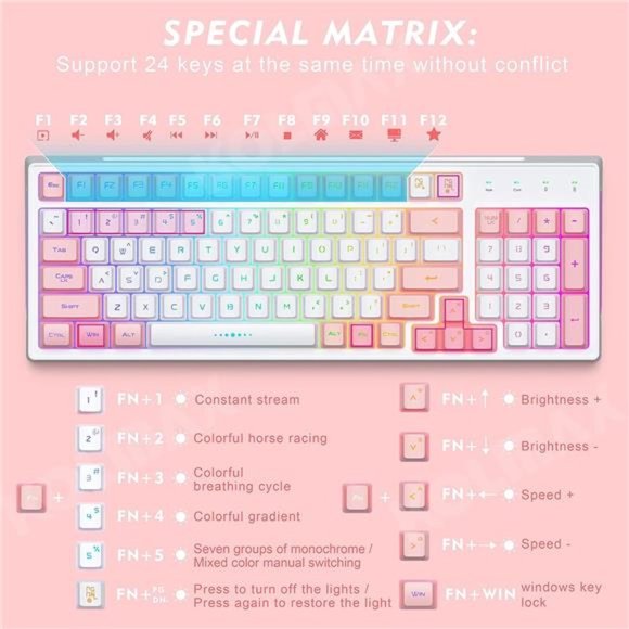 Wireless Gaming Keyboard and Mouse Combo,Rechargeable RGB White Gaming Keyboard - Picture 3 of 6